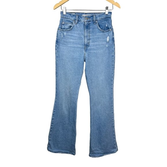 Levi's Premium 70's High Flare‎ Jeans Womens 26 Blue Light Wash Distressed Denim - Picture 1 of 16